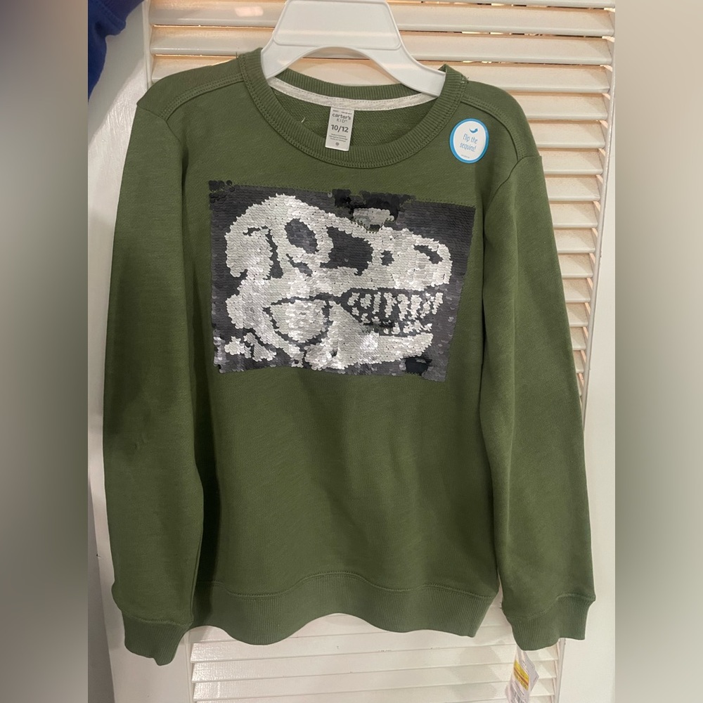 Carters olive green “Part T-Rex”  sequin sweatshirt.  Dino sweatshirt. NWT